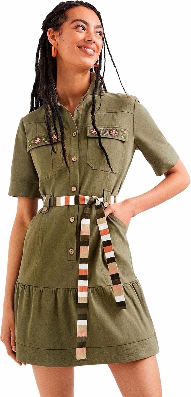 Desigual Laila Khaki Cotton Shirt Dress Belted Embroidered Pockets Size Large
